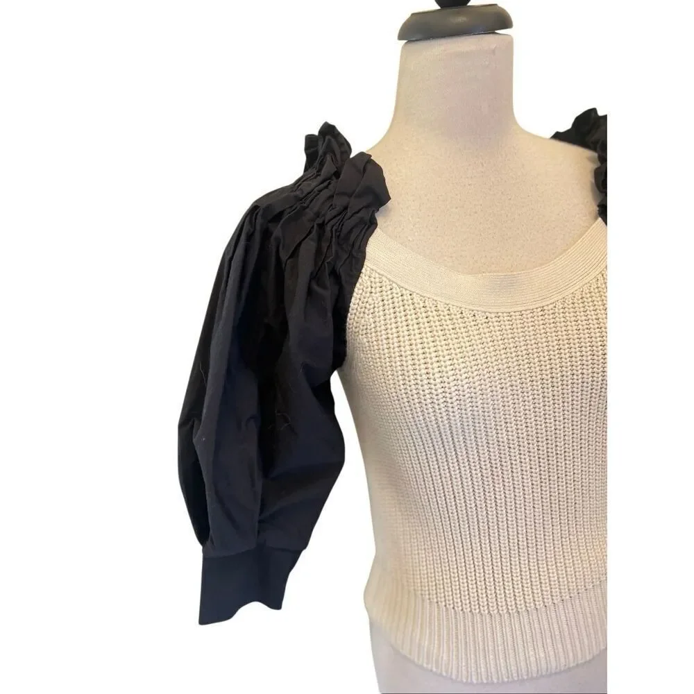 Zara Women's Puff Sleeve Contrast Ribbed Knit Blouse Black White Size Medium